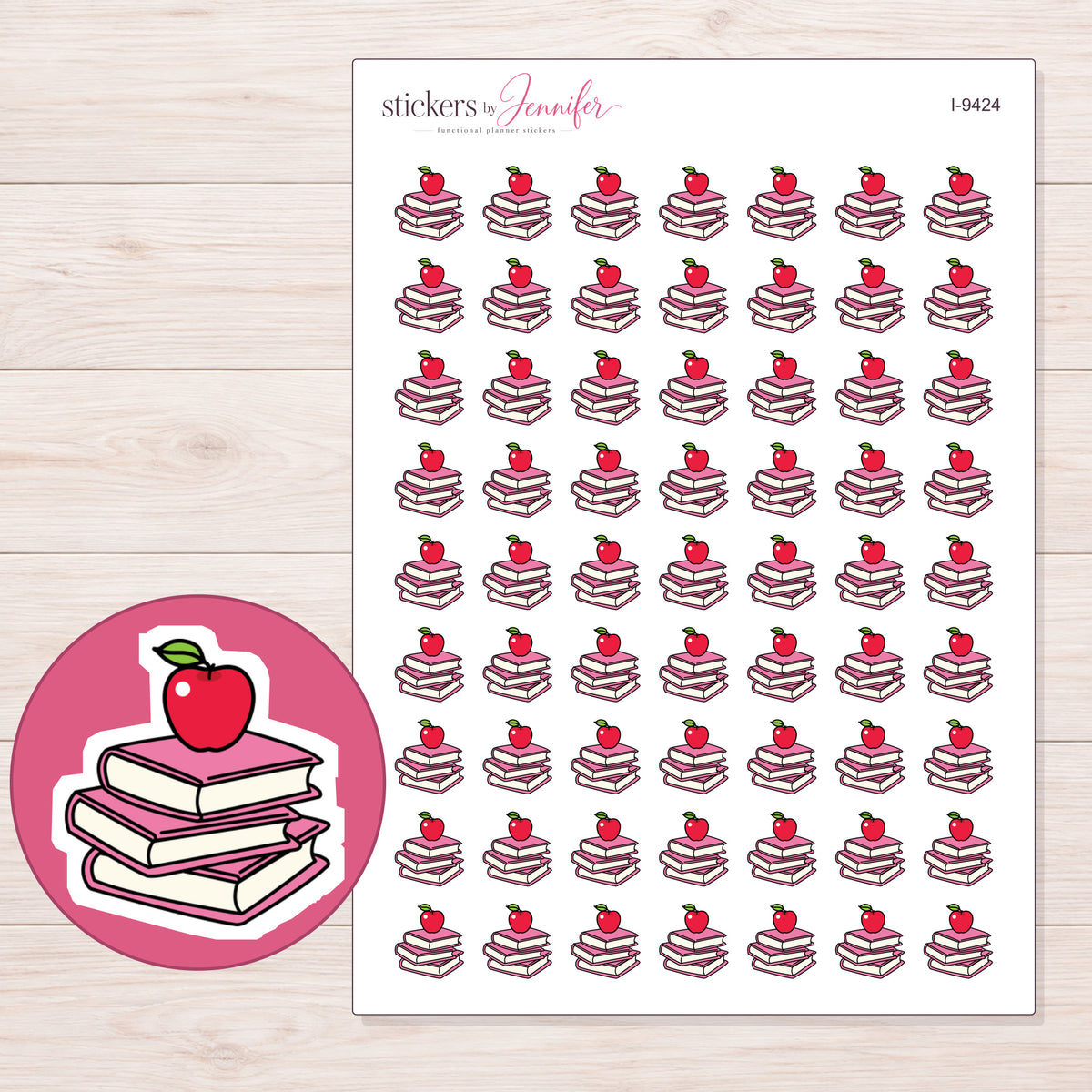 Pink Books and Red Apple Planner Stickers | I-9424 — 5 × 7 inch sheet and enlarged sticker detail