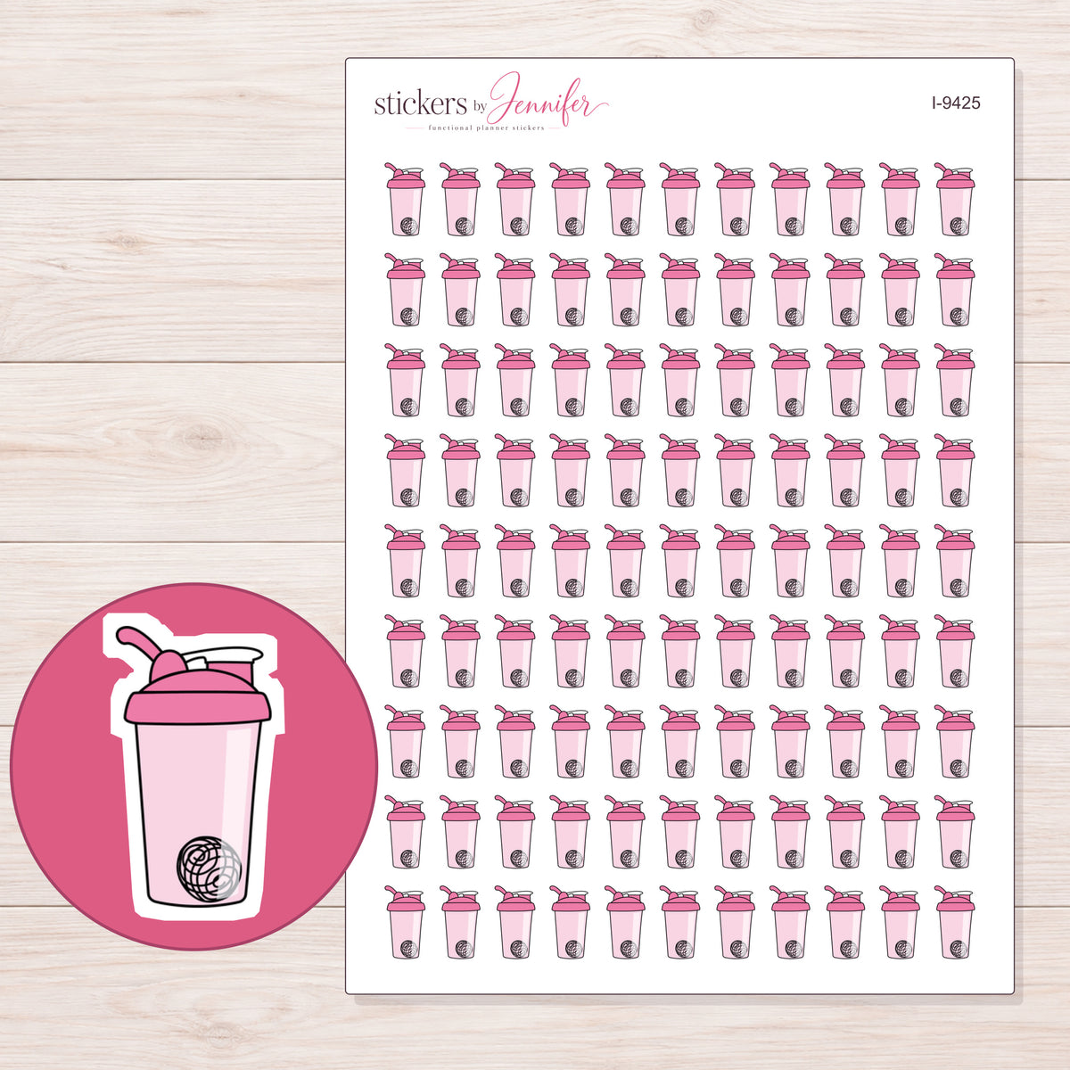 Pink Shaker Bottle Planner Stickers | I-9425 — 5 × 7 inch sheet and enlarged sticker detail