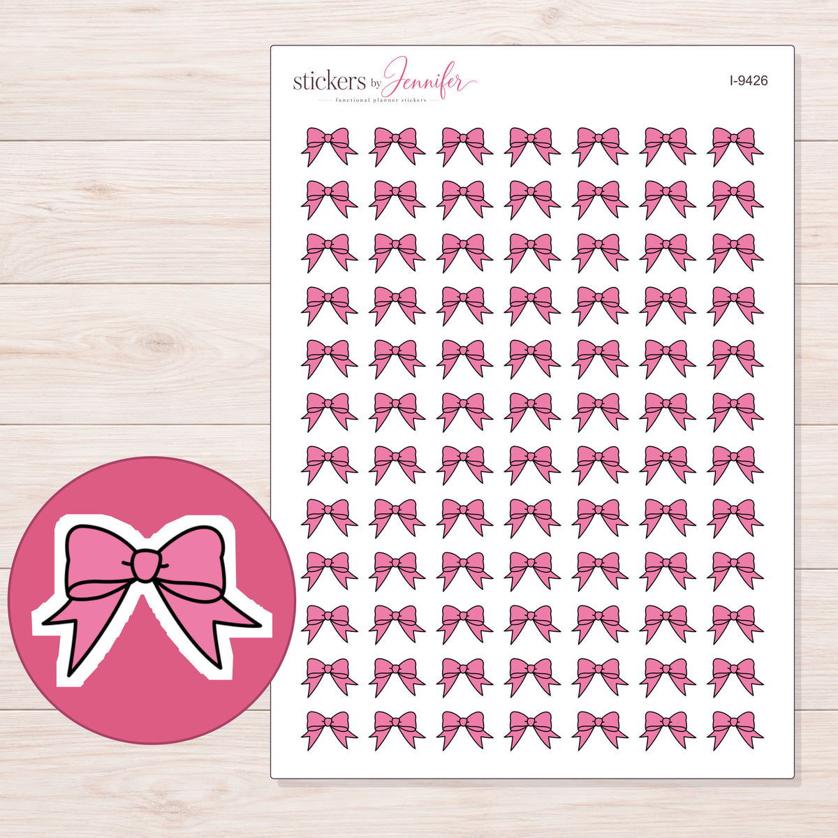 Pink Ribbon Bow Planner Stickers | I-9426 — 5 × 7 inch sheet and enlarged sticker detail