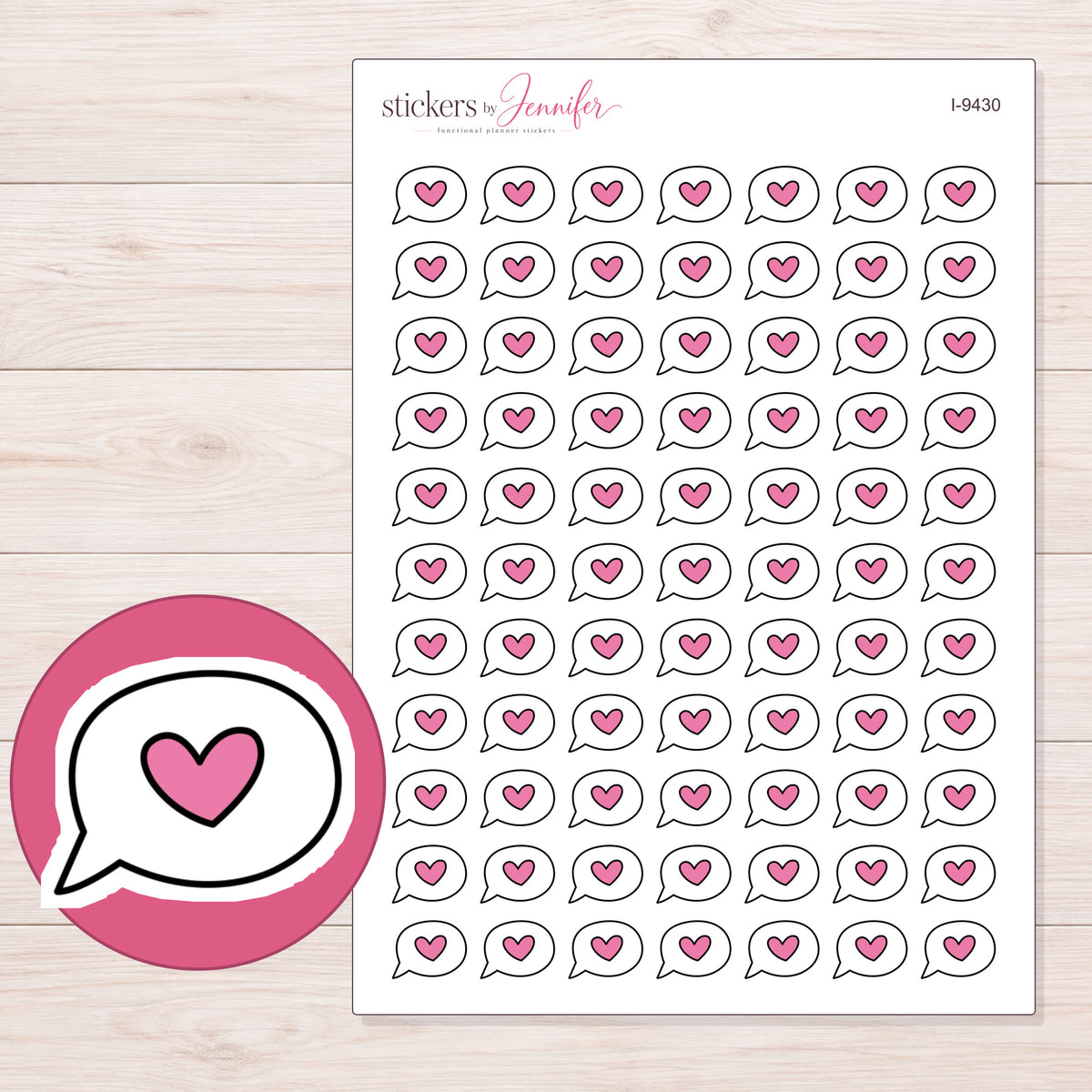 Pink Heart Speech Bubble Planner Stickers | I-9430 — 5 × 7 inch sheet and enlarged sticker detail