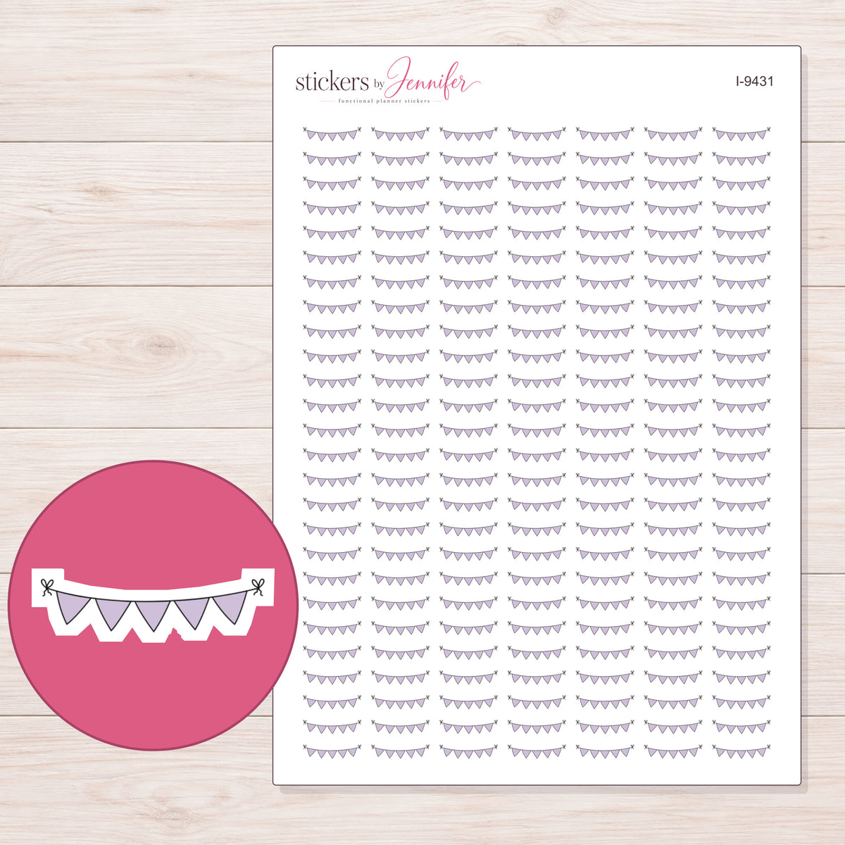Pale Lavender Pennant Bunting Planner Stickers | I-9431 — 5 × 7 inch sheet and enlarged sticker detail