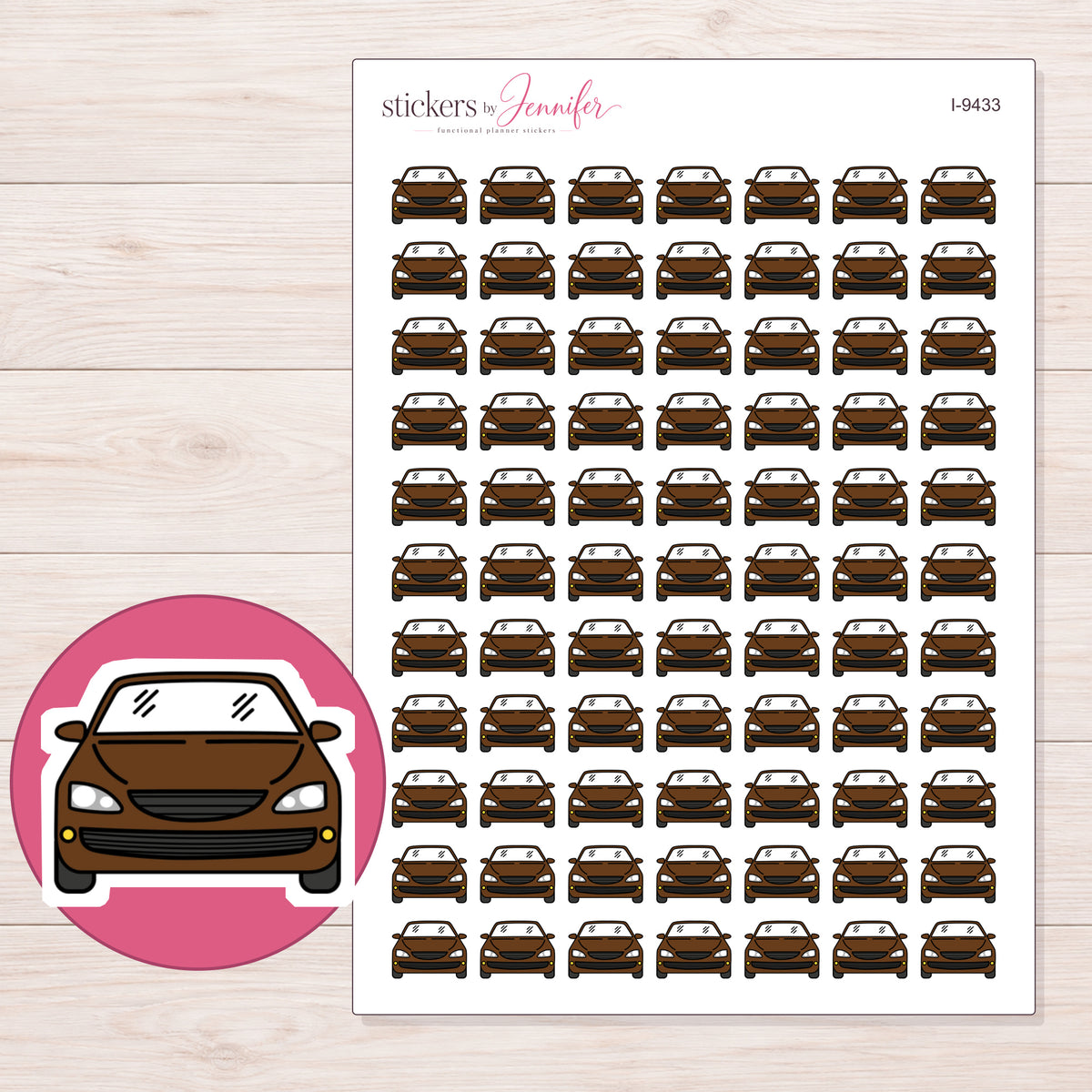 Brown Front View Car Planner Stickers | I-9433 — 5 × 7 inch sheet and enlarged sticker detail