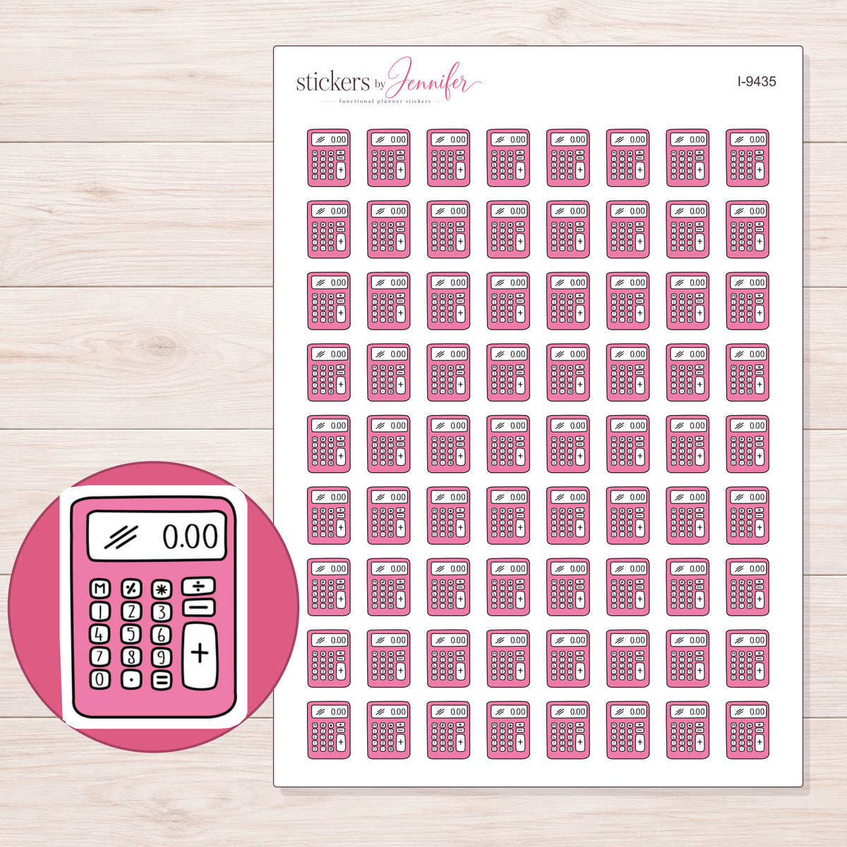 Pink Calculator Planner Stickers | I-9435 — 5 × 7 inch sheet and enlarged sticker detail