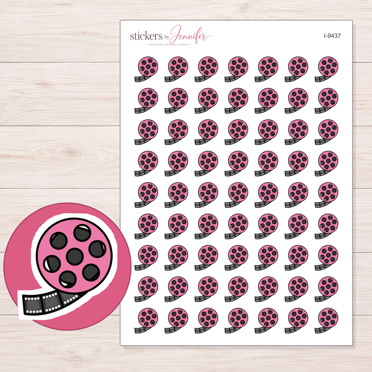 Pink Film Reel Planner Stickers | I-9437 — 5 × 7 inch sheet and enlarged sticker detail