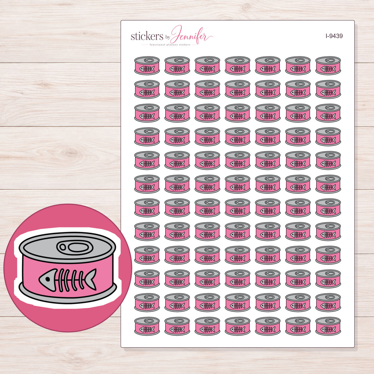 Pink Cat Food Tin Planner Stickers | I-9439 — 5 × 7 inch sheet and enlarged sticker detail