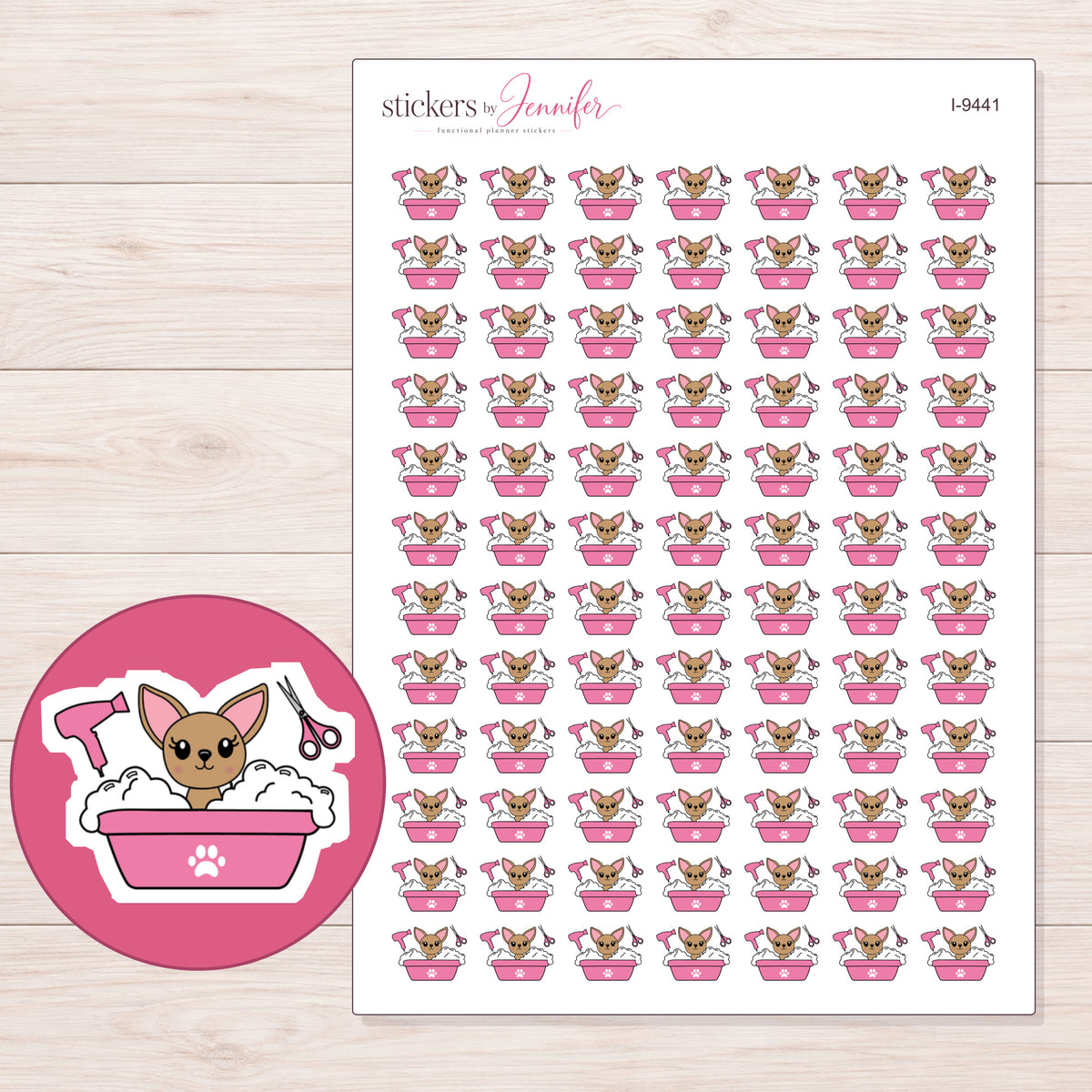 Chihuahua in Pink Grooming Tub Planner Stickers | I-9441 — 5 × 7 inch sheet and enlarged sticker detail