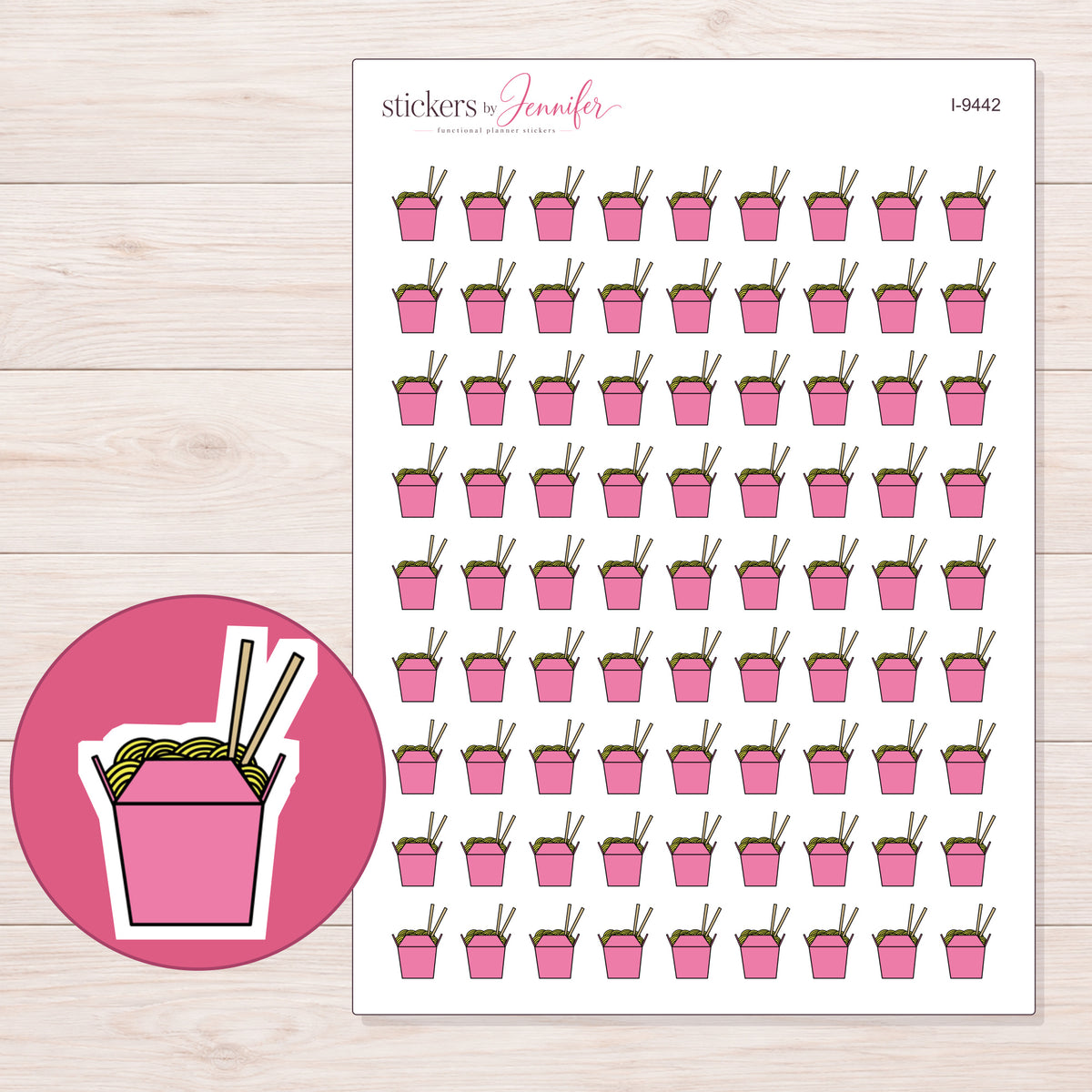 Pink Noodle Takeout Box Planner Stickers | I-9442 — 5 × 7 inch sheet and enlarged sticker detail