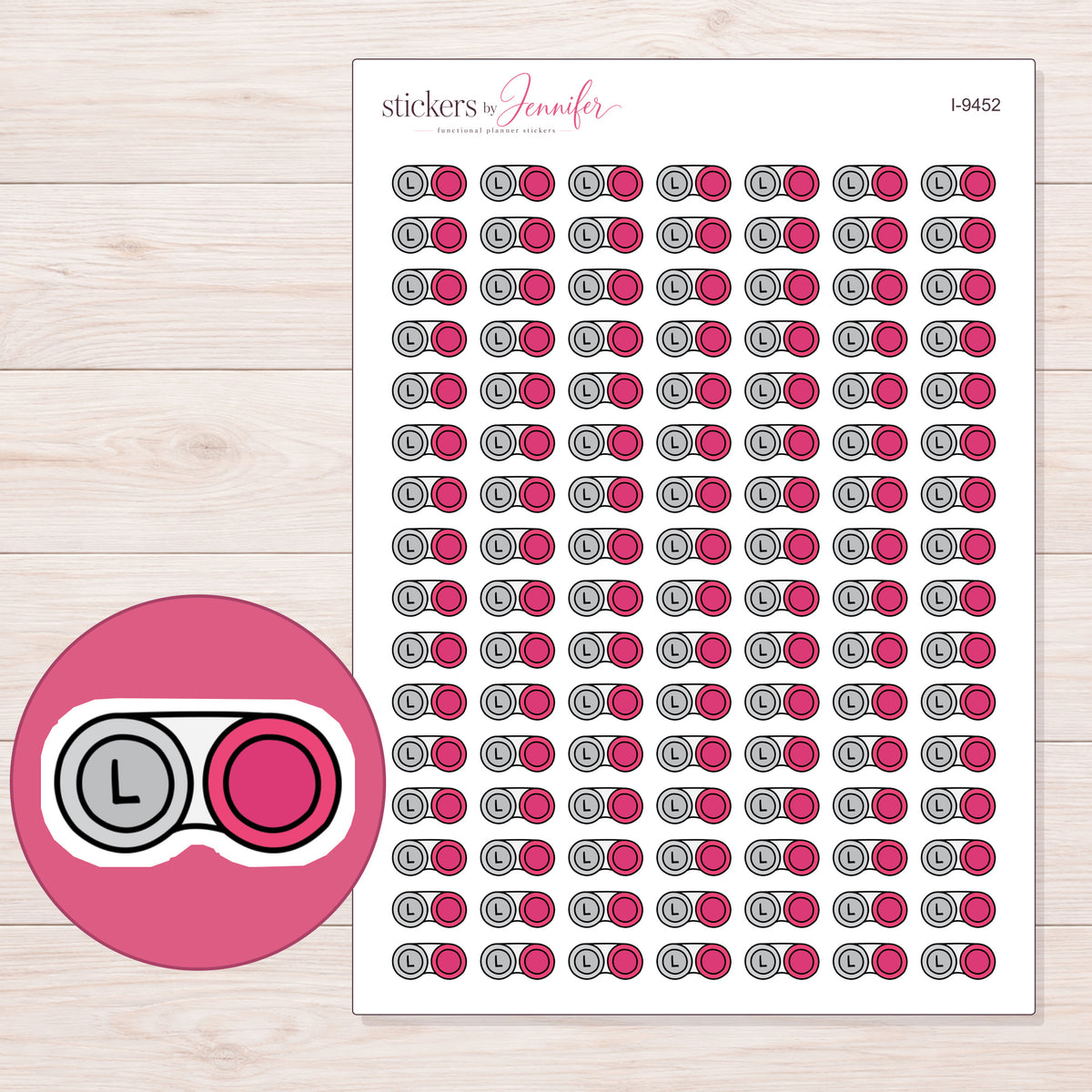 Pink Contact Lens Case Planner Stickers | I-9452 — 5 × 7 inch sheet and enlarged sticker detail