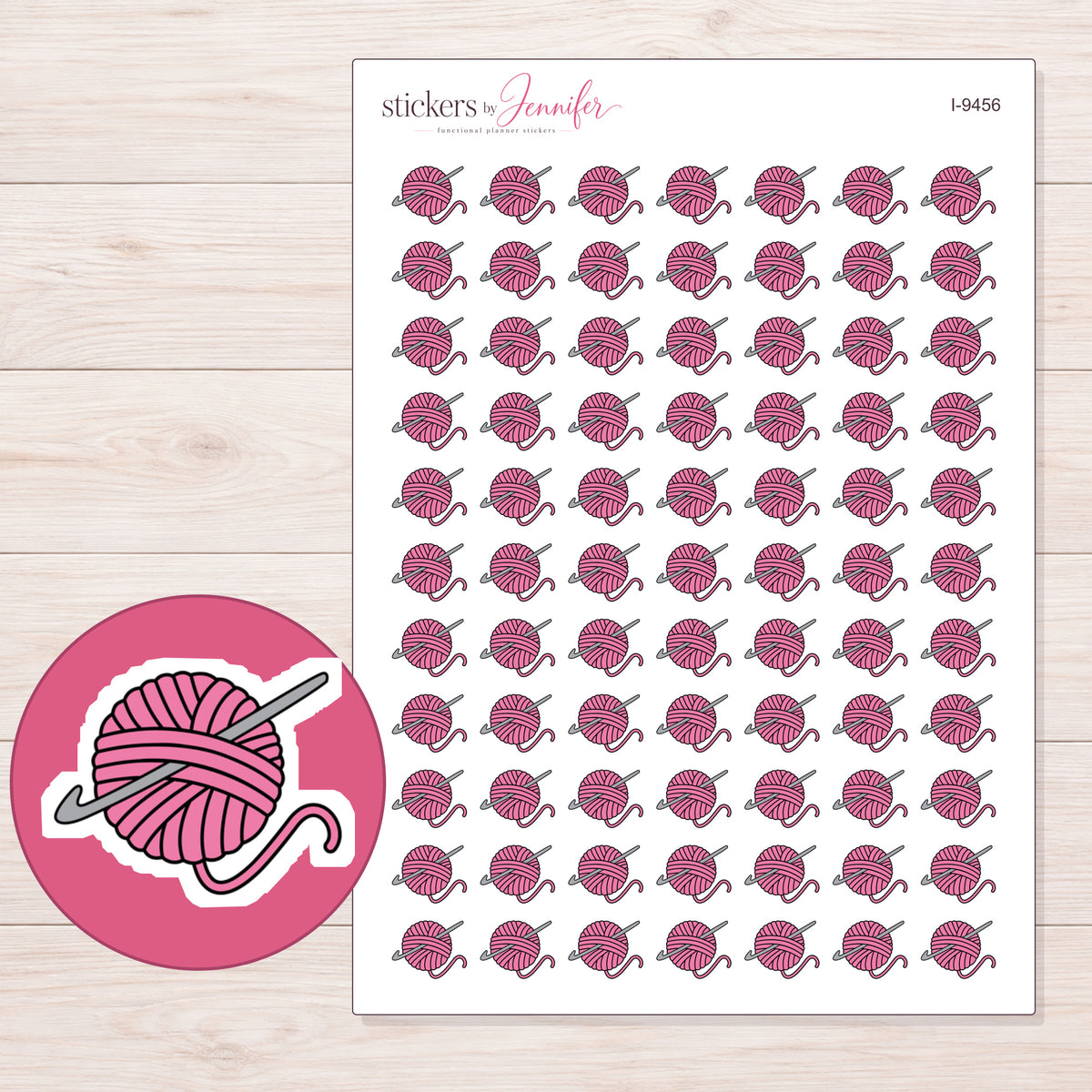 Pink Yarn Ball and Crochet Hook Planner Stickers | I-9456 — 5 × 7 inch sheet and enlarged sticker detail