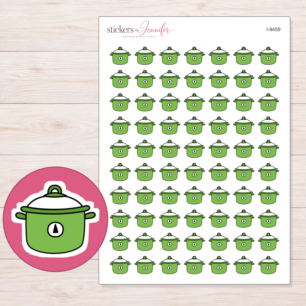 Green Slow Cooker Planner Stickers | I-9459 — 5 × 7 inch sheet and enlarged sticker detail