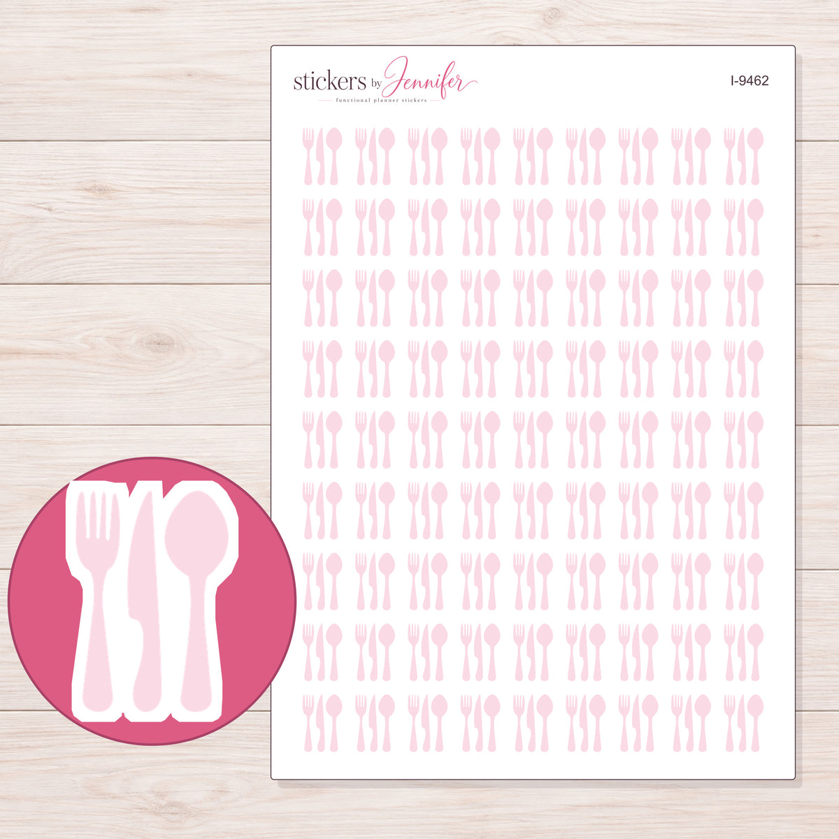 Pale Pink Fork and Spoon Planner Stickers | I-9462 — 5 × 7 inch sheet and enlarged sticker detail