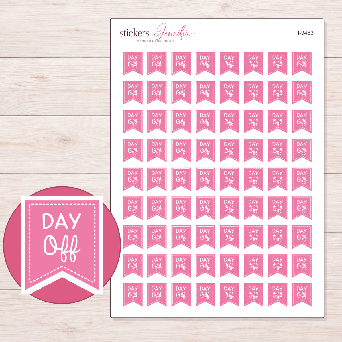 Pink Day Off Flag Planner Stickers | I-9463 — 5 × 7 inch sheet and enlarged sticker detail