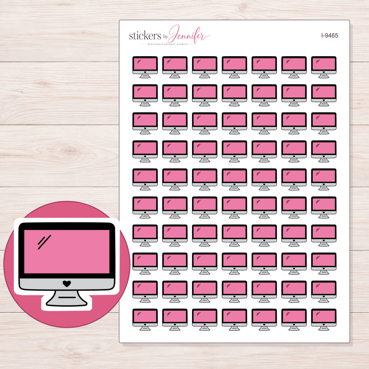 Pink Screen Desktop Computer Planner Stickers | I-9465 — 5 × 7 inch sheet and enlarged sticker detail