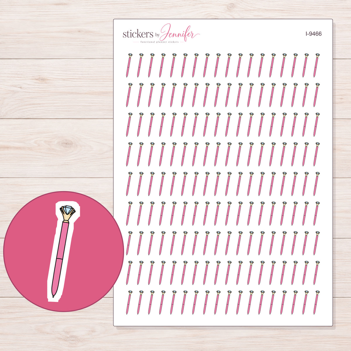 Pink Diamond Pen Planner Stickers | I-9466 — 5 × 7 inch sheet and enlarged sticker detail