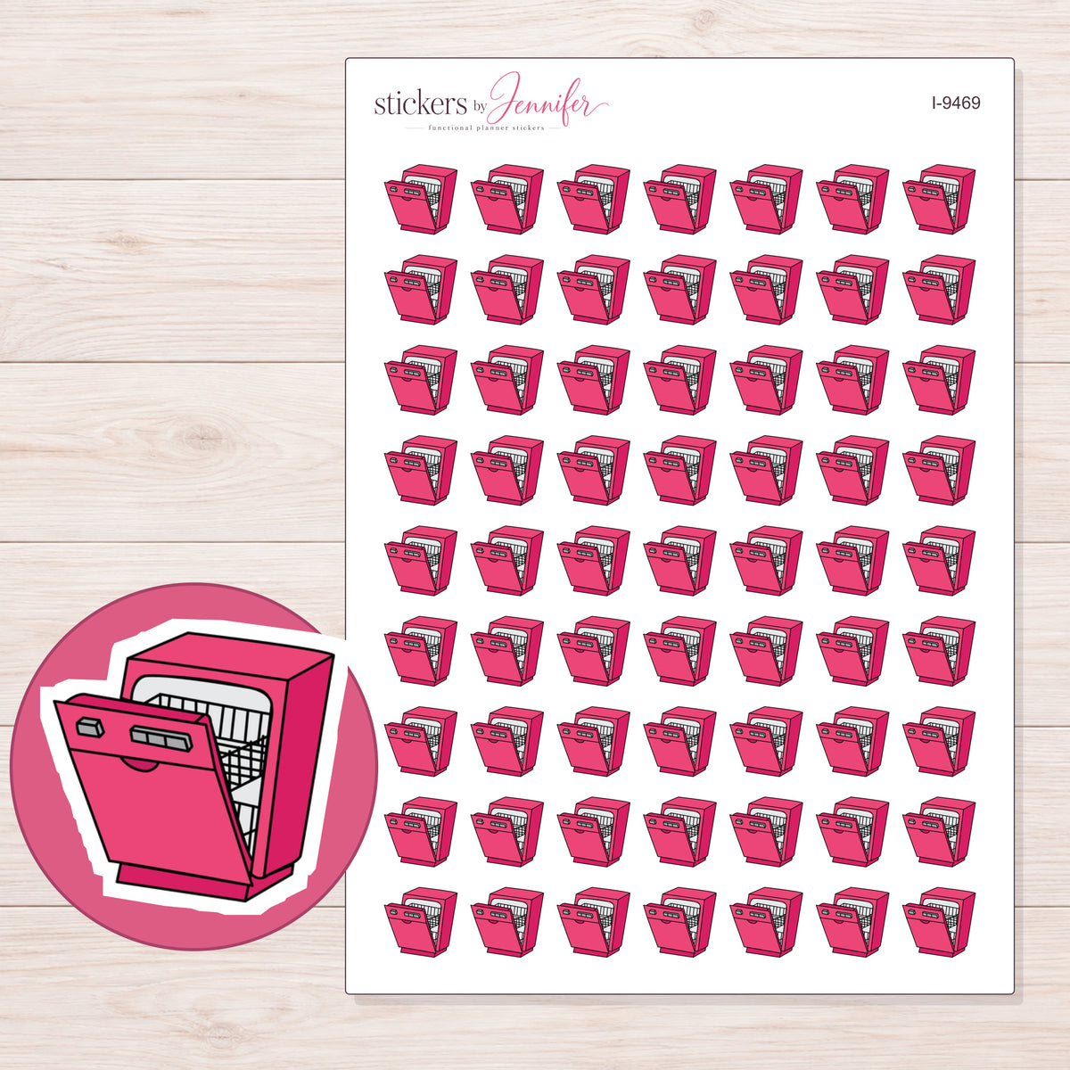 Pink Dishwasher Planner Stickers | I-9469 — 5 × 7 inch sheet and enlarged sticker detail