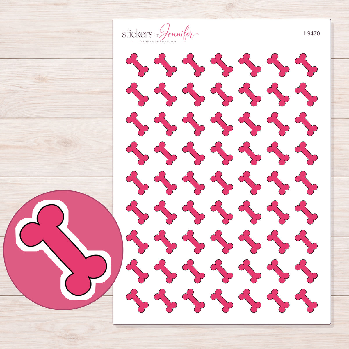 Pink Dog Bone Planner Stickers | I-9470 — 5 × 7 inch sheet and enlarged sticker detail