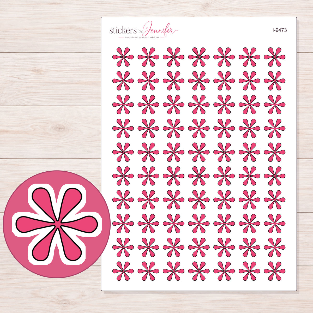 Pink Doodle Asterisk Planner Stickers | I-9473 — 5 × 7 inch sheet and enlarged sticker detail