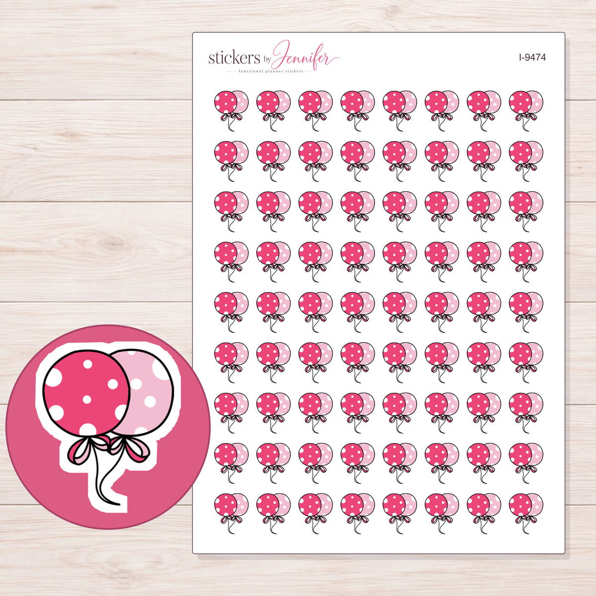 Pink Polka Dot Balloons Planner Stickers | I-9474 — 5 × 7 inch sheet and enlarged sticker detail