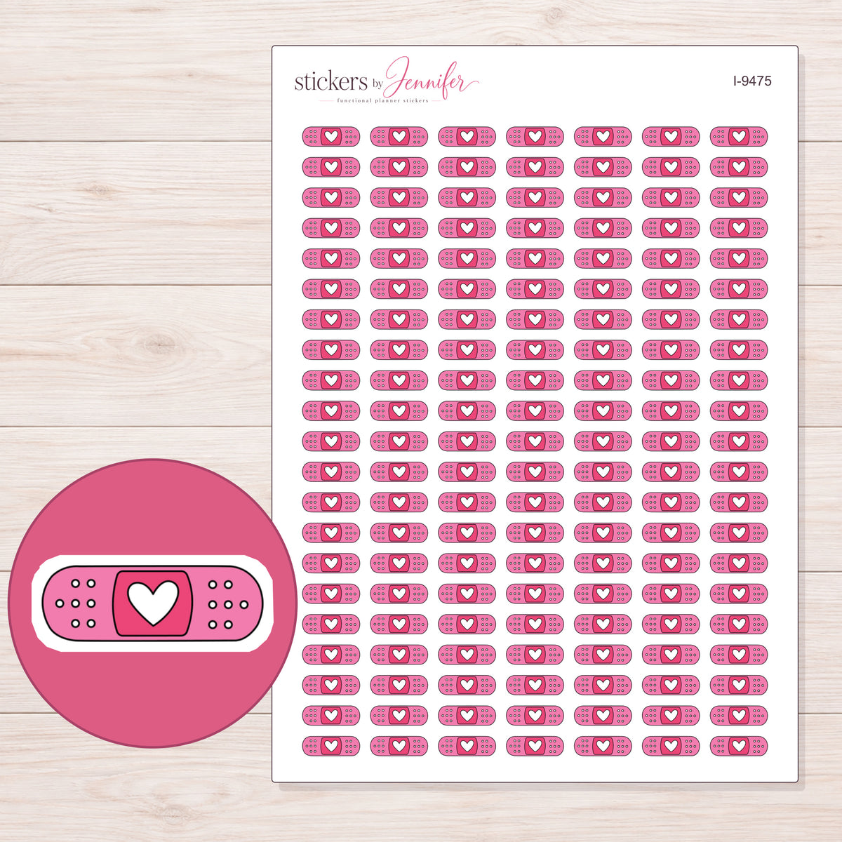 Pink Doodle Heart Bandage Planner Stickers | I-9475 — 5 × 7 inch sheet and enlarged sticker detail