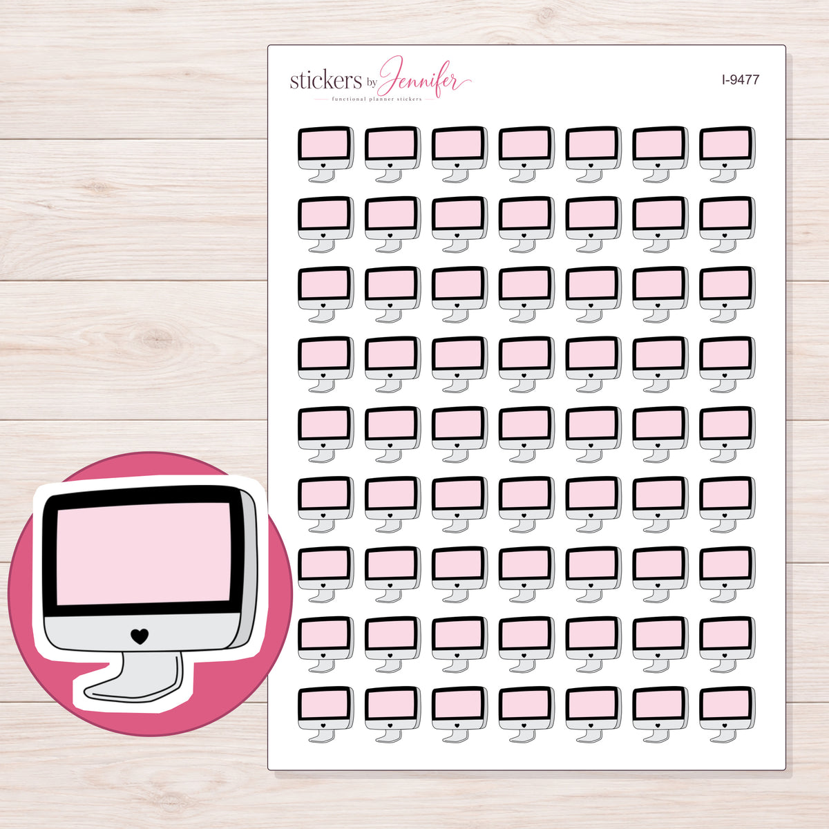 Pale Pink Doodle Desktop Computer Planner Stickers | I-9477 — 5 × 7 inch sheet and enlarged sticker detail