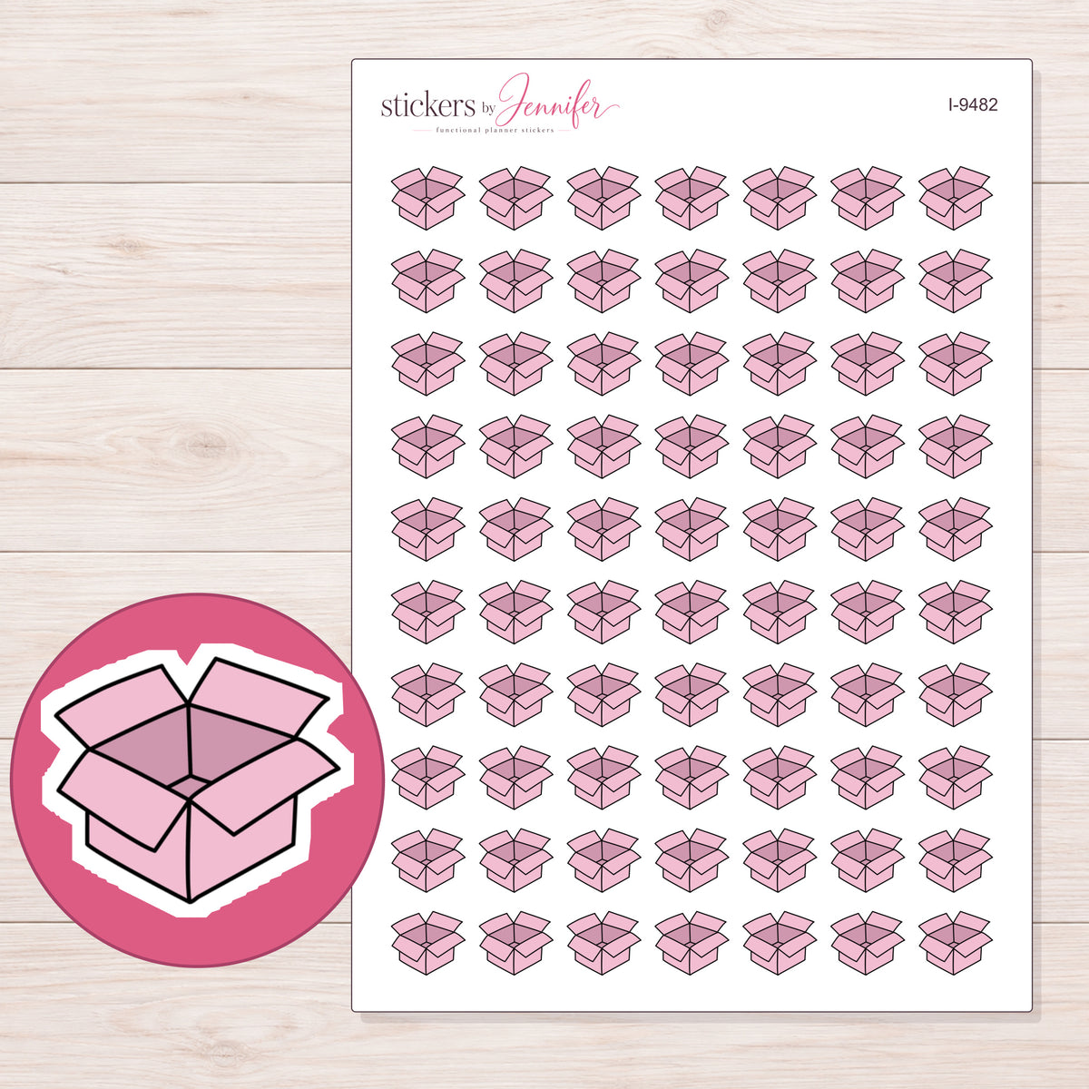 Pink Open Shipping Box Planner Stickers | I-9482 — 5 × 7 inch sheet and enlarged sticker detail