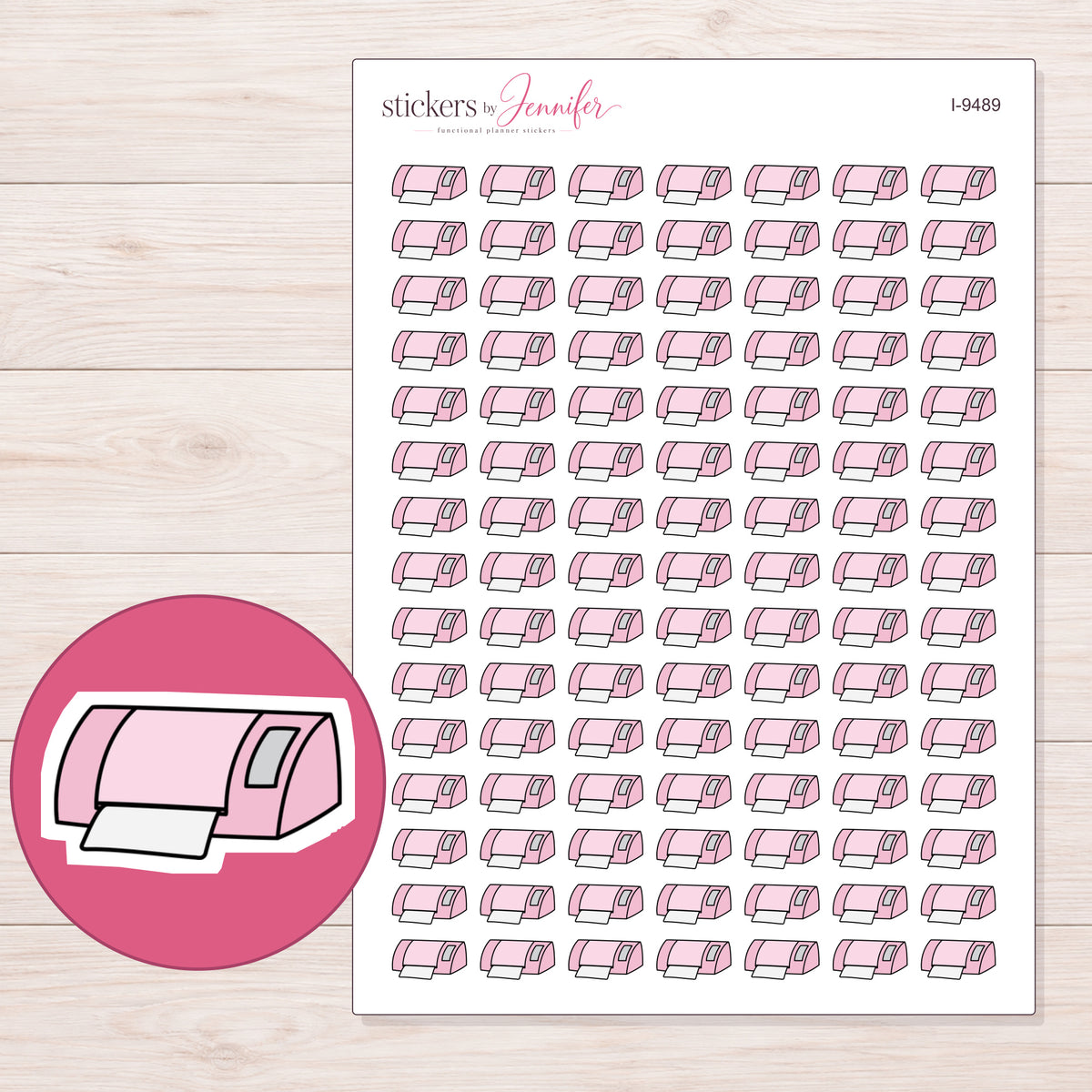 Pink Craft Cutting Machine Planner Stickers | I-9489 — 5 × 7 inch sheet and enlarged sticker detail