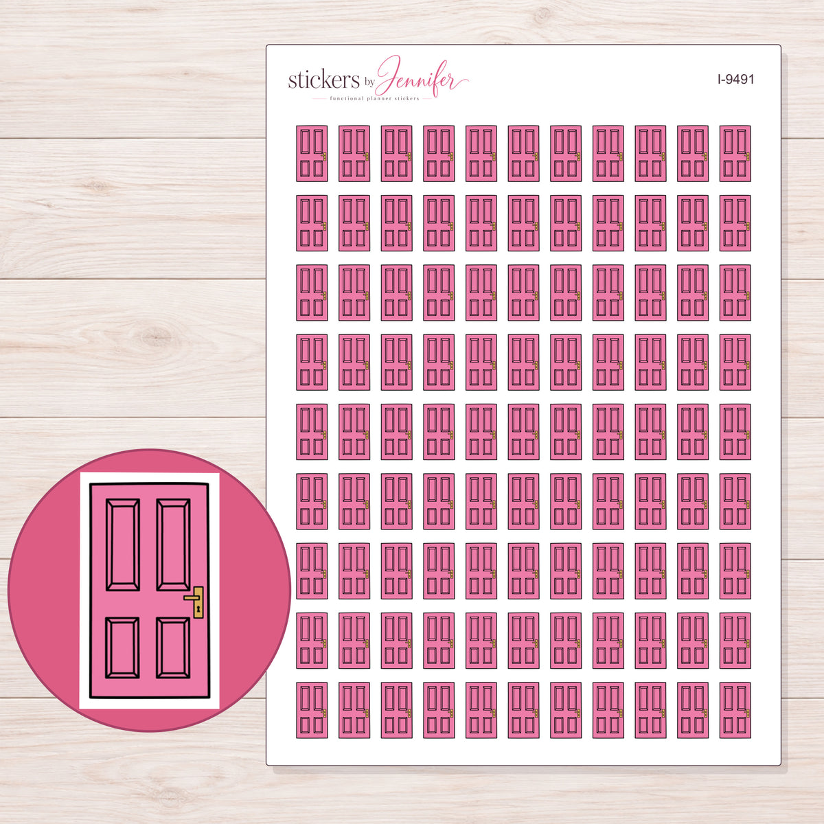 Pink Front Door Planner Stickers | I-9491 — 5 × 7 inch sheet and enlarged sticker detail