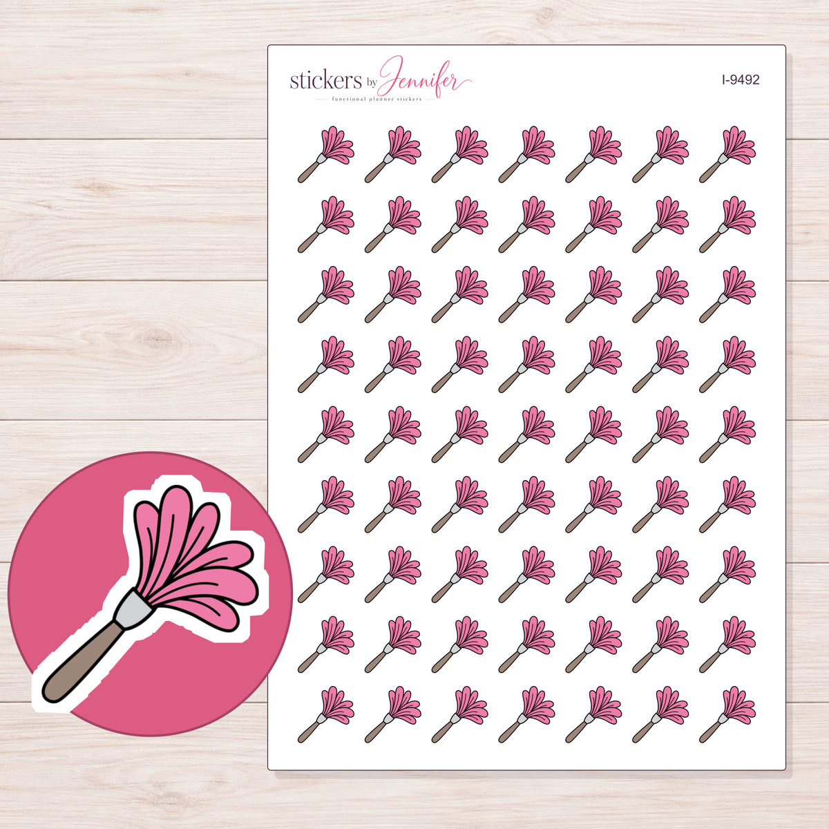 Pink Feather Duster Planner Stickers | I-9492 — 5 × 7 inch sheet and enlarged sticker detail