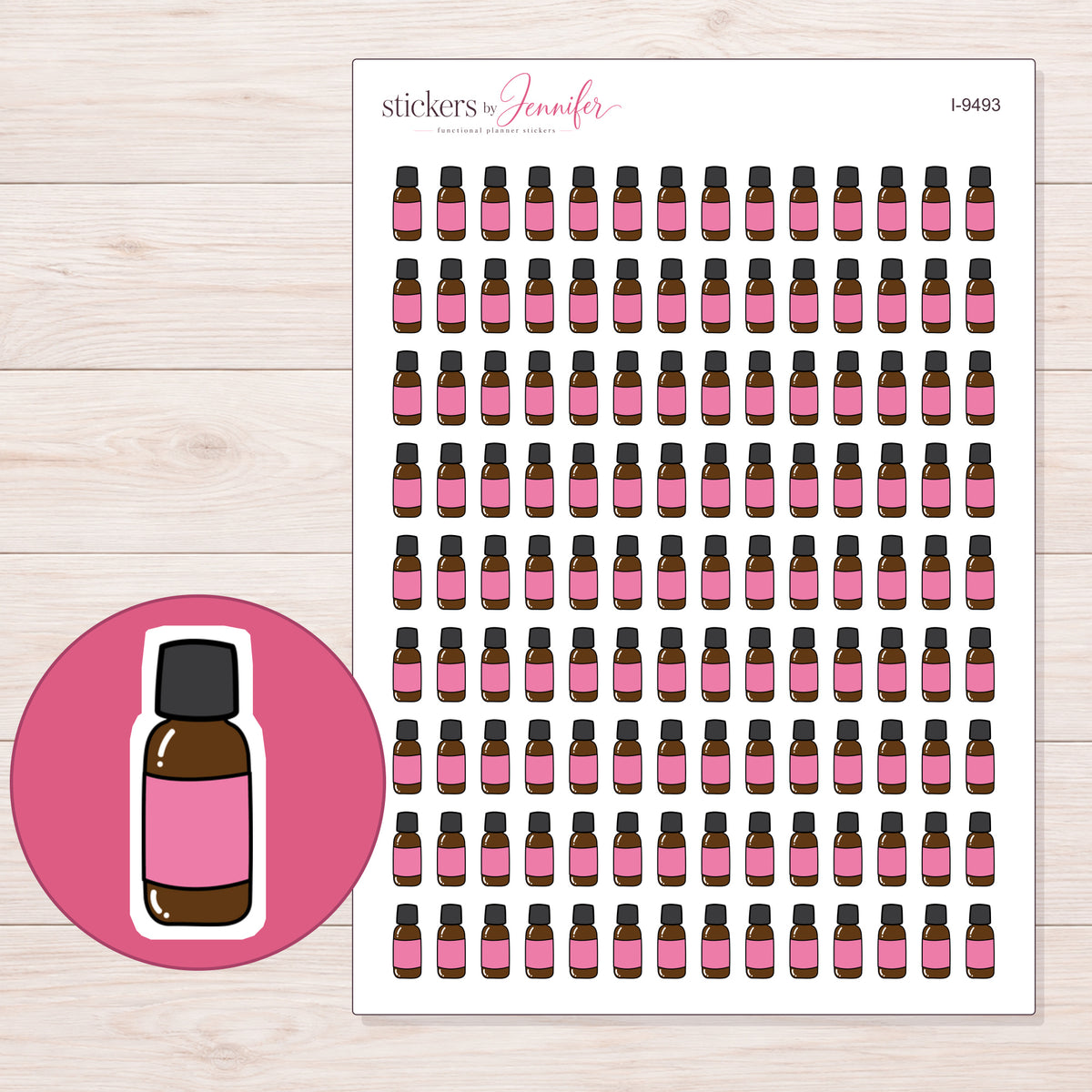 Pink Label Essential Oil Bottle Planner Stickers | I-9493 — 5 × 7 inch sheet and enlarged sticker detail