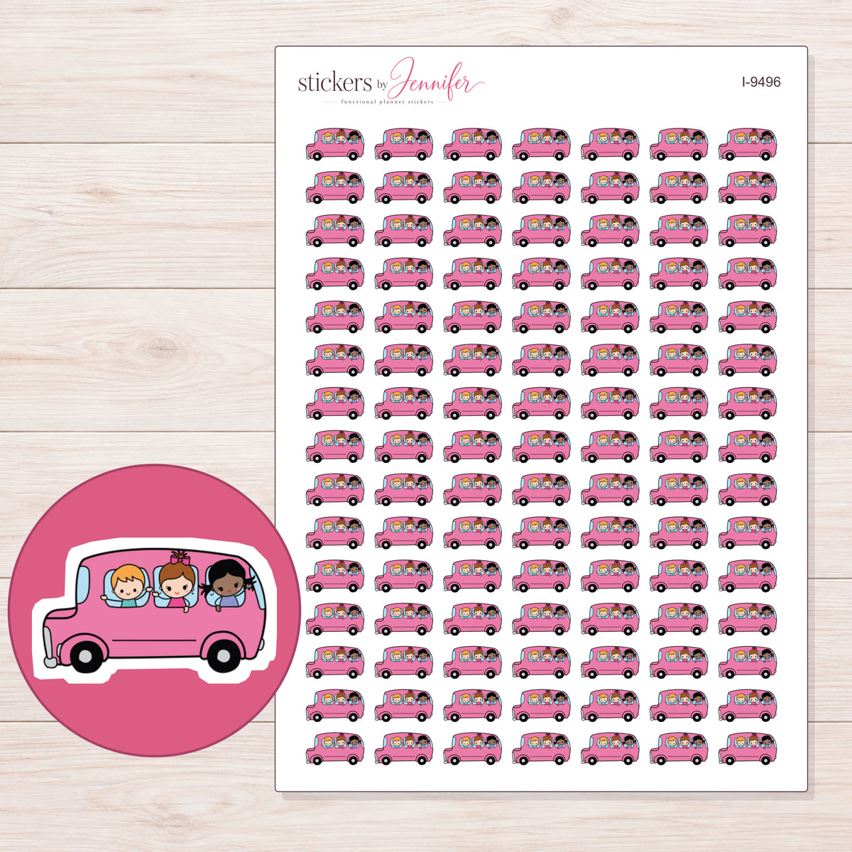 Pink School Trip Bus Planner Stickers | I-9496 — 5 × 7 inch sheet and enlarged sticker detail