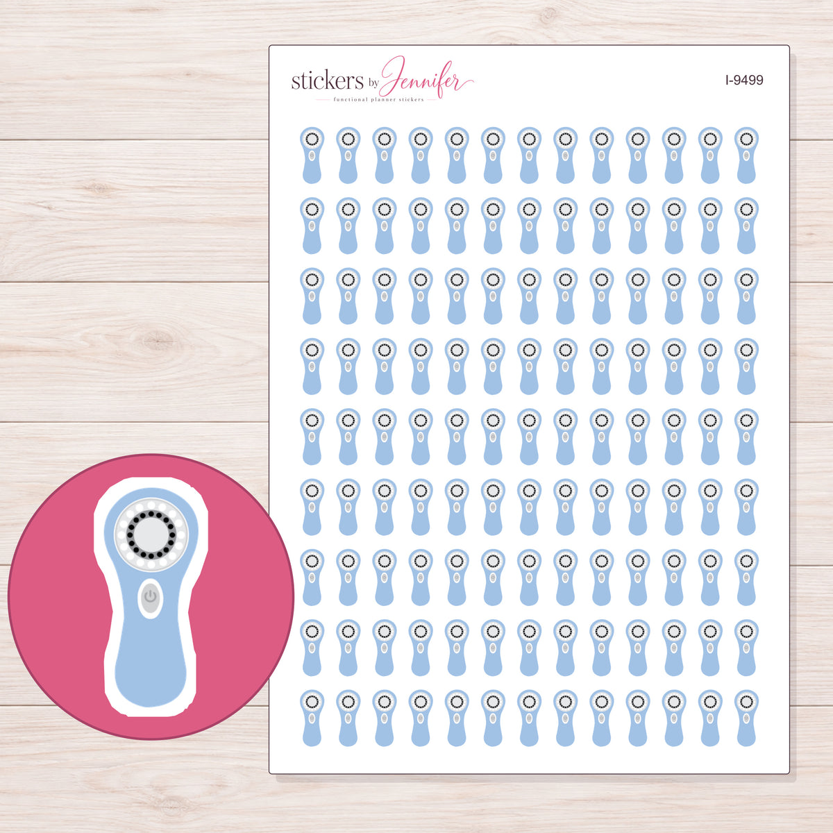 Pale Blue Facial Cleansing Brush Planner Stickers | I-9499 — 5 × 7 inch sheet and enlarged sticker detail