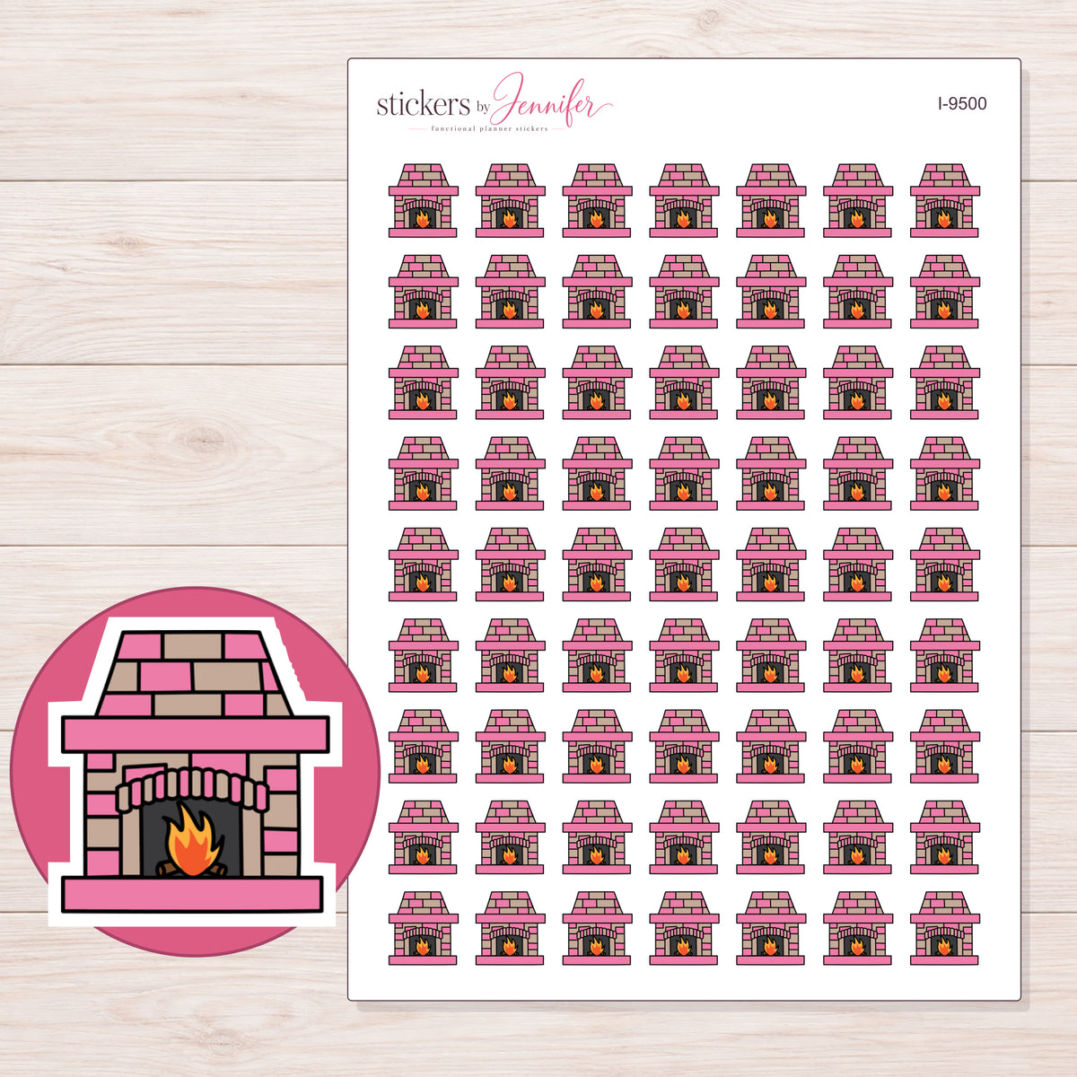 Pink Brick Fireplace Planner Stickers | I-9500 — 5 × 7 inch sheet and enlarged sticker detail