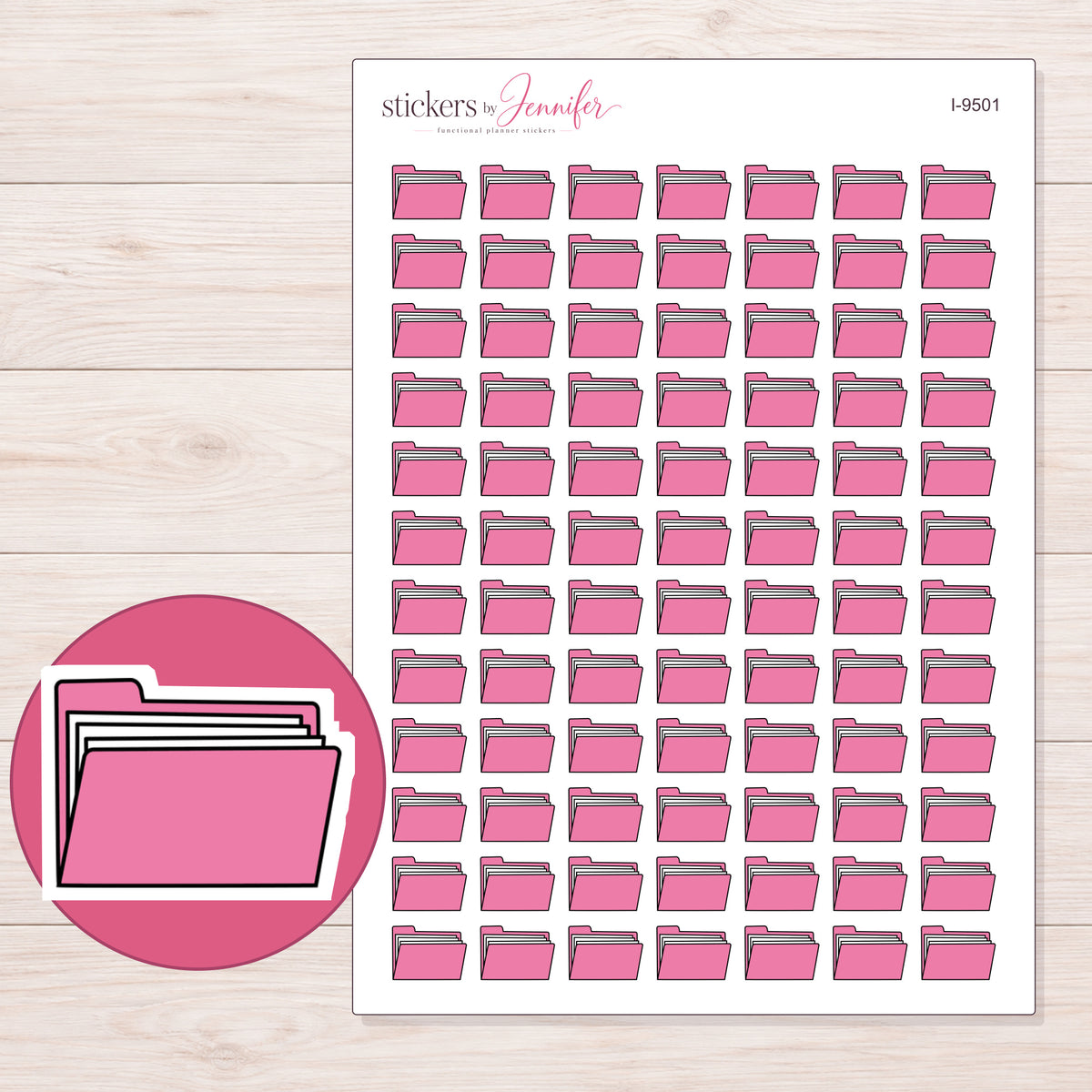 Pink File Folder Planner Stickers | I-9501 — 5 × 7 inch sheet and enlarged sticker detail