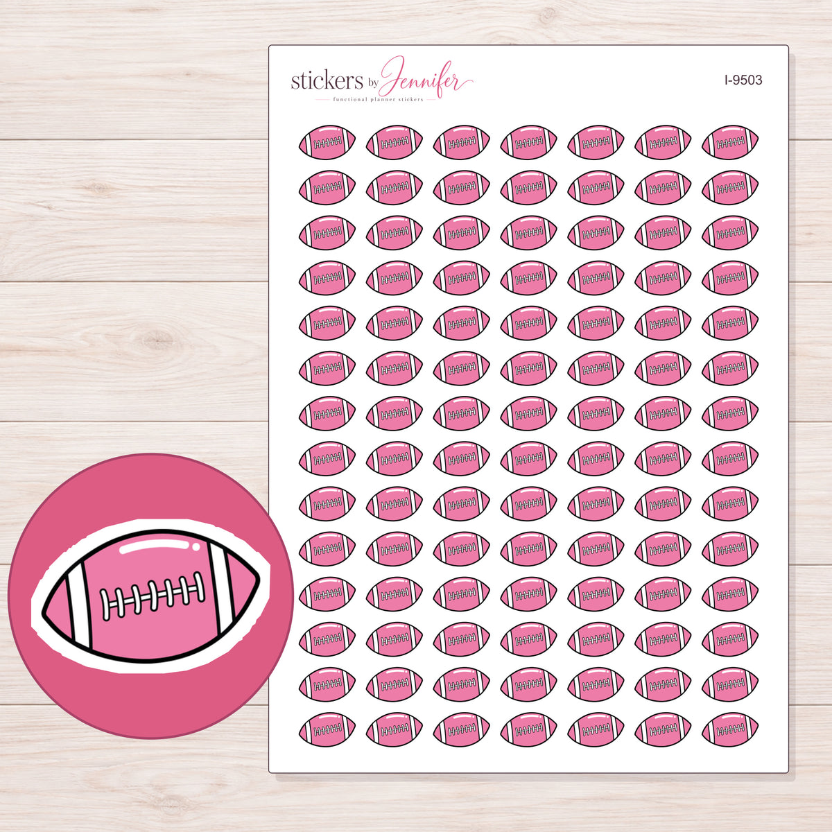 Pink Football Planner Stickers | I-9503 — 5 × 7 inch sheet and enlarged sticker detail