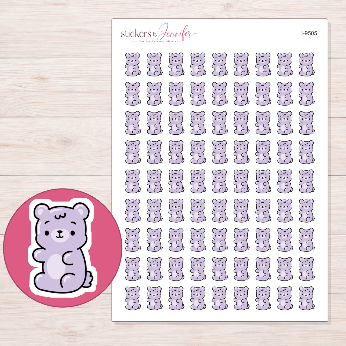 Pale Lavender Gummy Bear Planner Stickers | I-9505 — 5 × 7 inch sheet and enlarged sticker detail