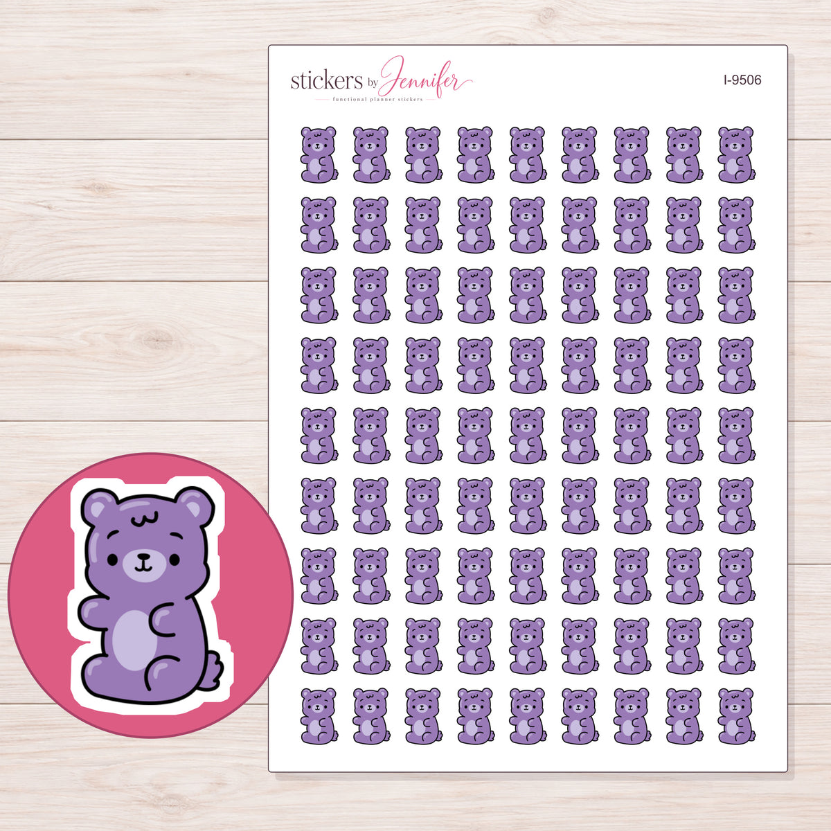 Purple Gummy Bear Planner Stickers | I-9506 — 5 × 7 inch sheet and enlarged sticker detail