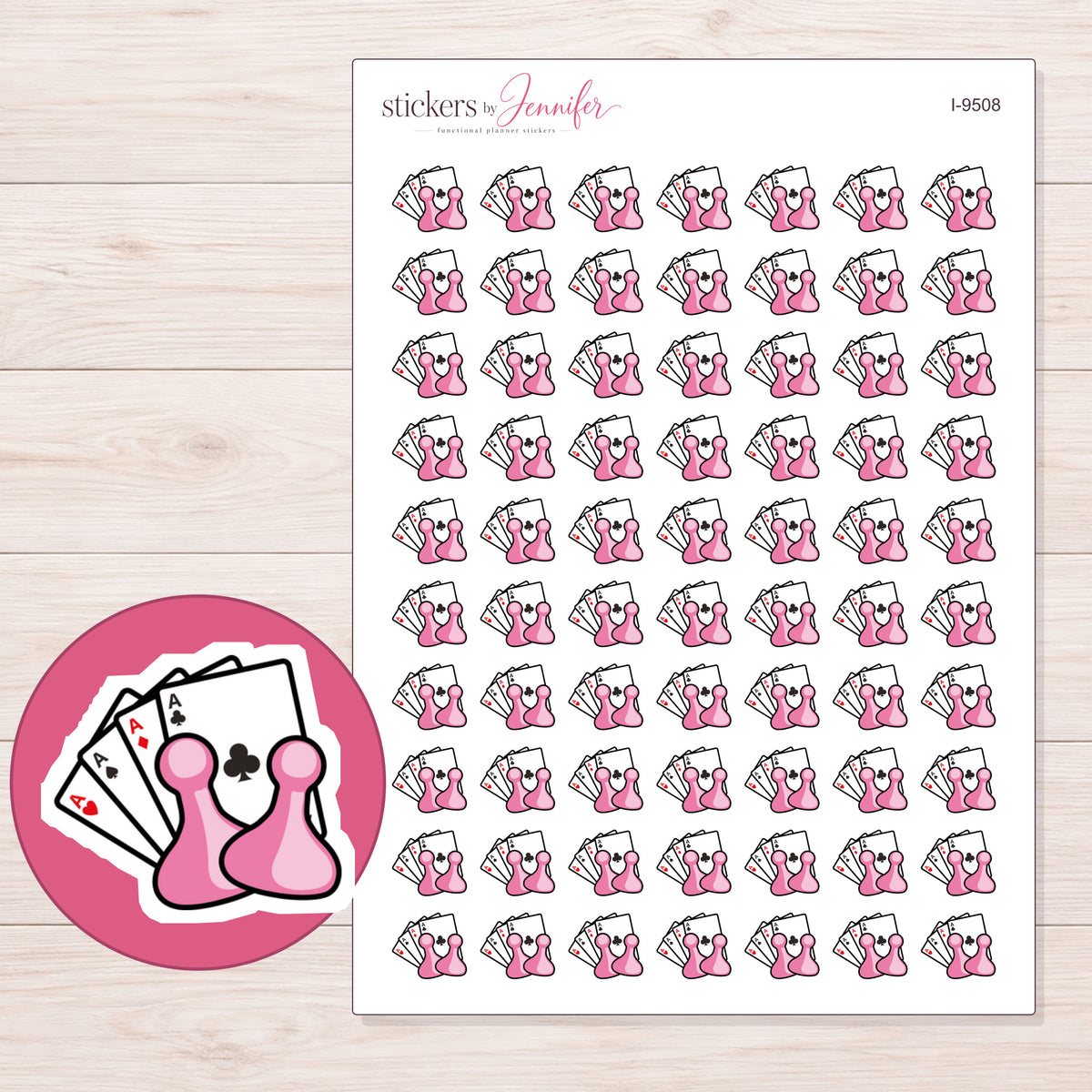 Pink Cards and Pawns Game Night Planner Stickers | I-9508 — 5 × 7 inch sheet and enlarged sticker detail