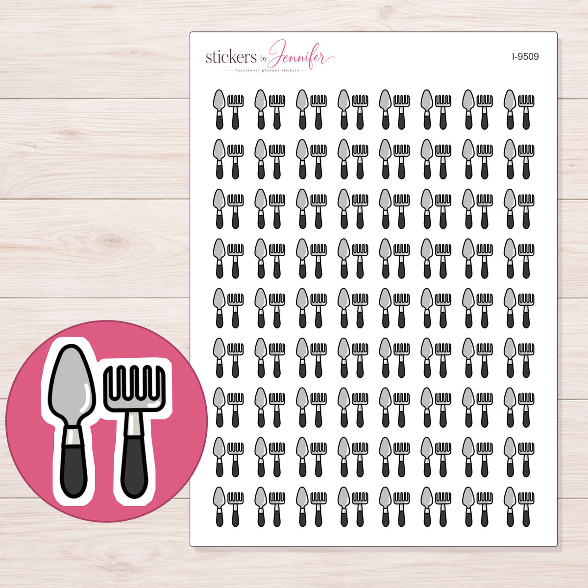 Black Gardening Tools Planner Stickers | I-9509 — 5 × 7 inch sheet and enlarged sticker detail
