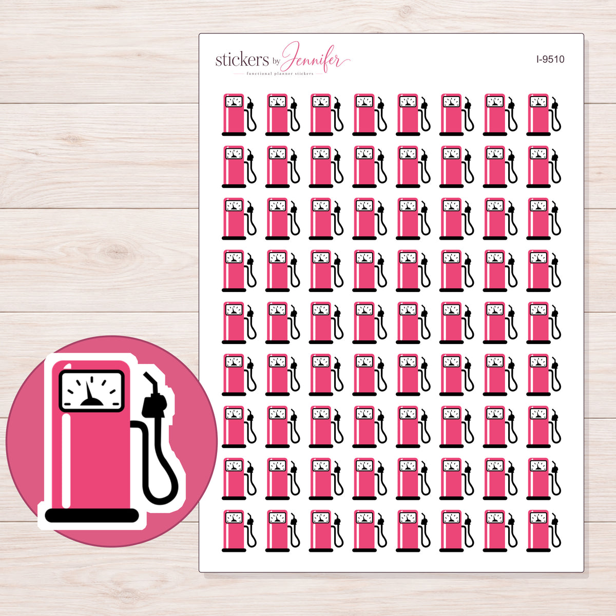 Pink Gas Pump Planner Stickers | I-9510 — 5 × 7 inch sheet and enlarged sticker detail