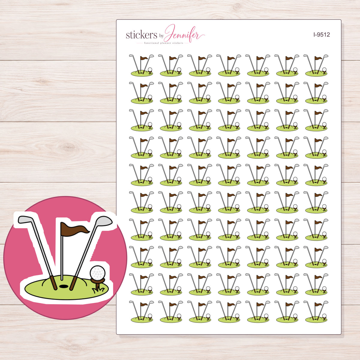 Brown Flag Golf Clubs and Green Planner Stickers | I-9512 — 5 × 7 inch sheet and enlarged sticker detail