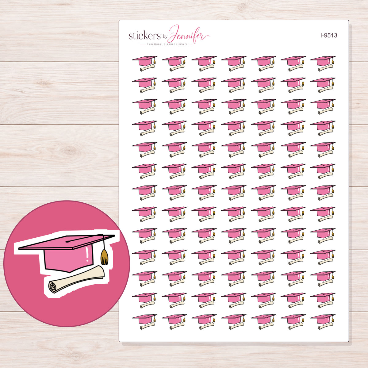 Pink Graduation Cap and Diploma Planner Stickers | I-9513 — 5 × 7 inch sheet and enlarged sticker detail