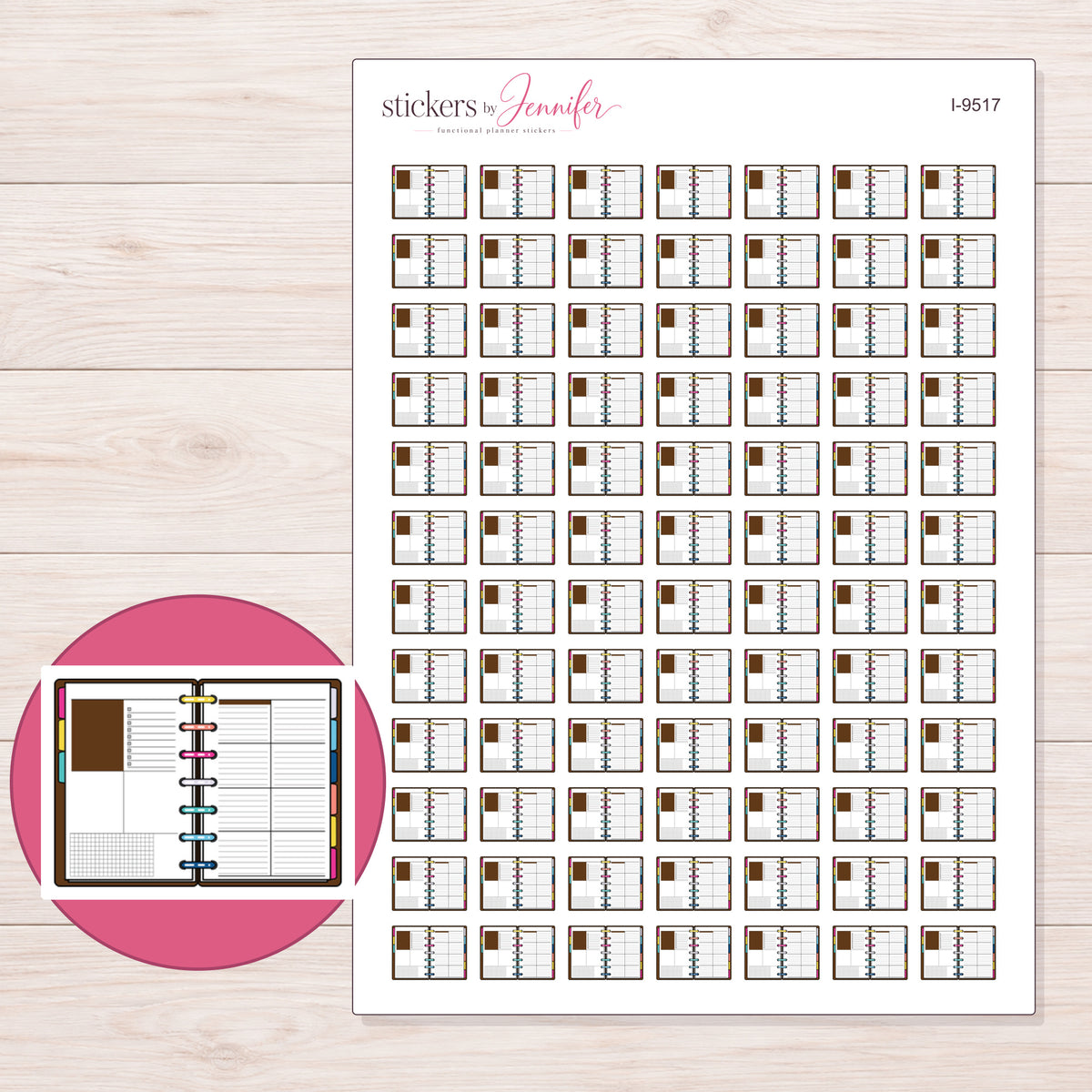 Open Brown Accent Disc Planner Stickers | I-9517 — 5 × 7 inch sheet and enlarged sticker detail