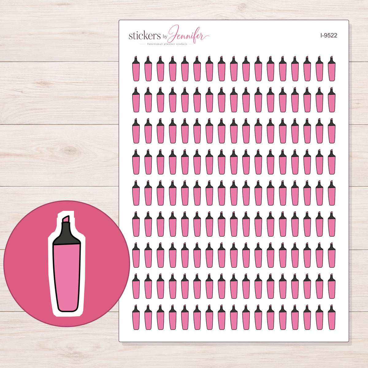 Pink Highlighter Planner Stickers | I-9522 — 5 × 7 inch sheet and enlarged sticker detail