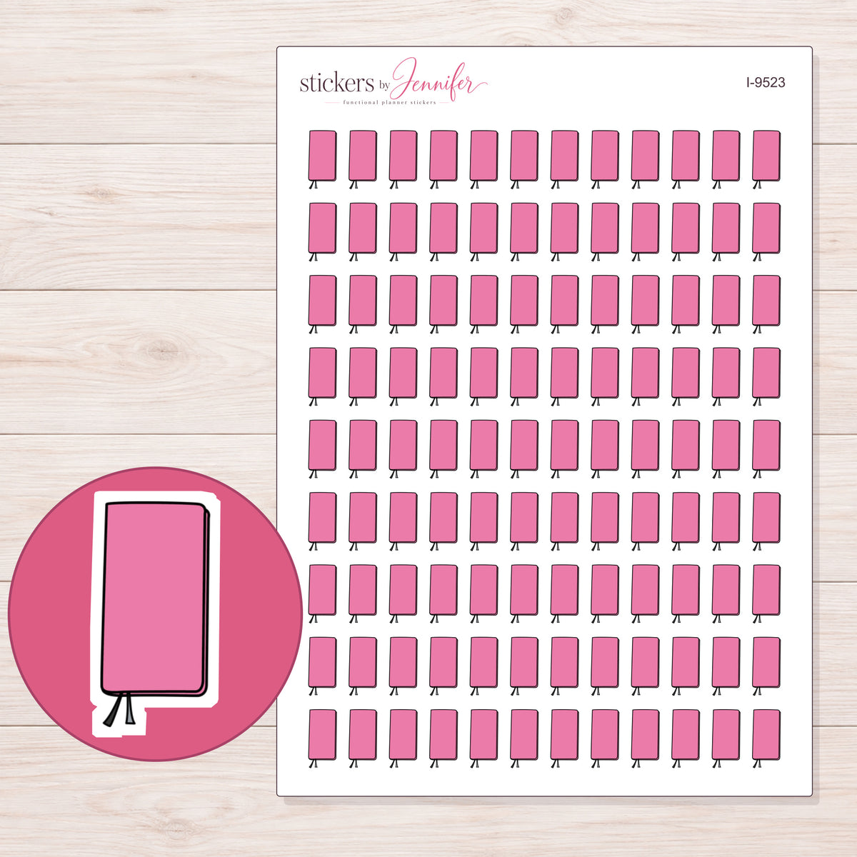 Pink Pocket Planner Stickers | I-9523 — 5 × 7 inch sheet and enlarged sticker detail