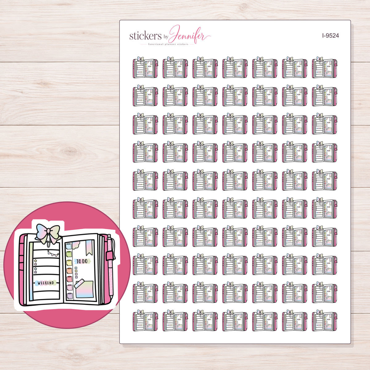 Open Bow Planner Stickers | I-9524 — 5 × 7 inch sheet and enlarged sticker detail