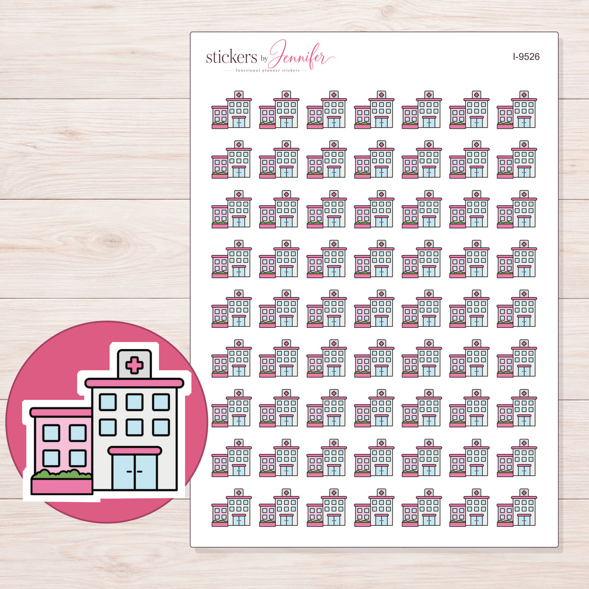 Pink Hospital Building Planner Stickers | I-9526 — 5 × 7 inch sheet and enlarged sticker detail
