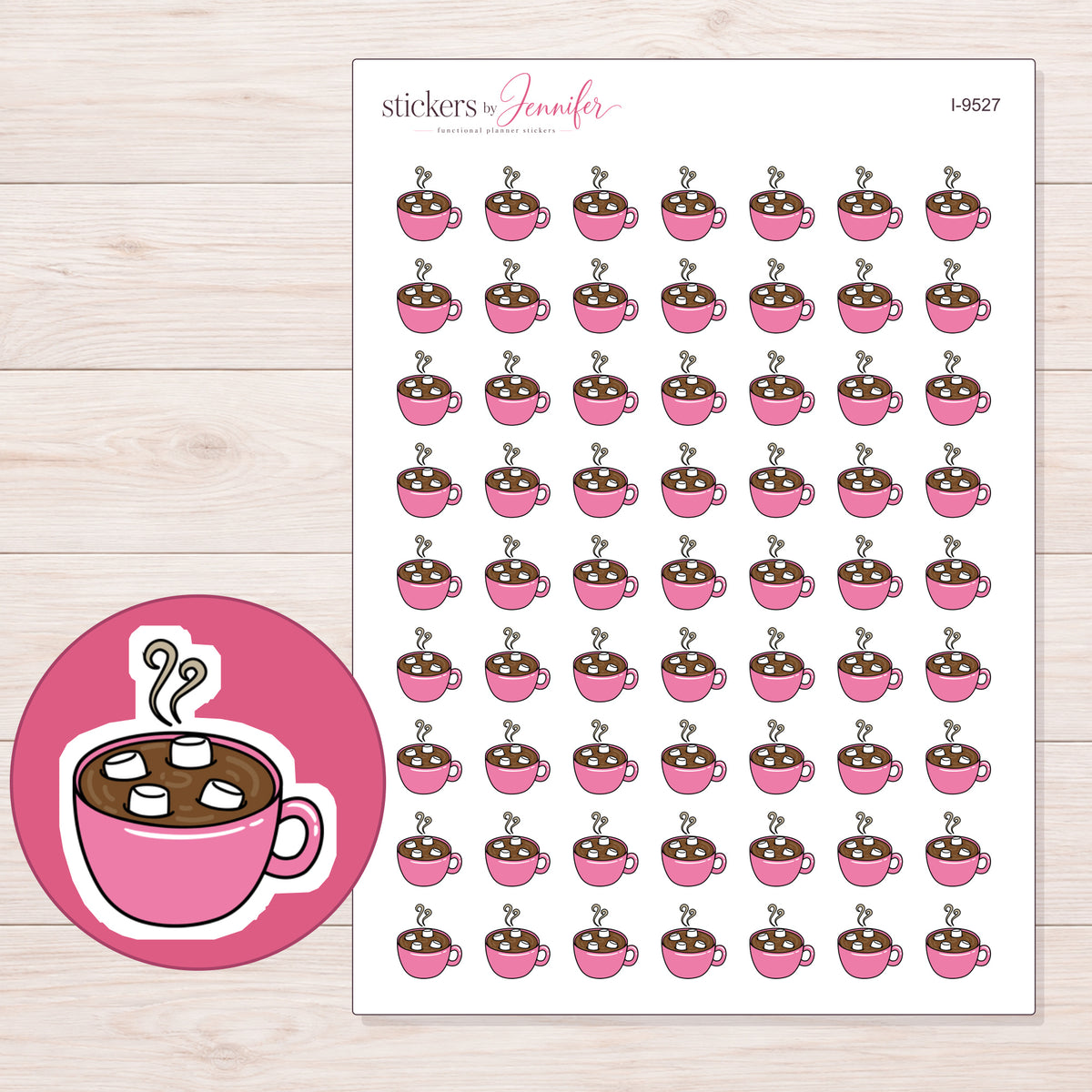 Pink Hot Chocolate Mug Planner Stickers | I-9527 — 5 × 7 inch sheet and enlarged sticker detail