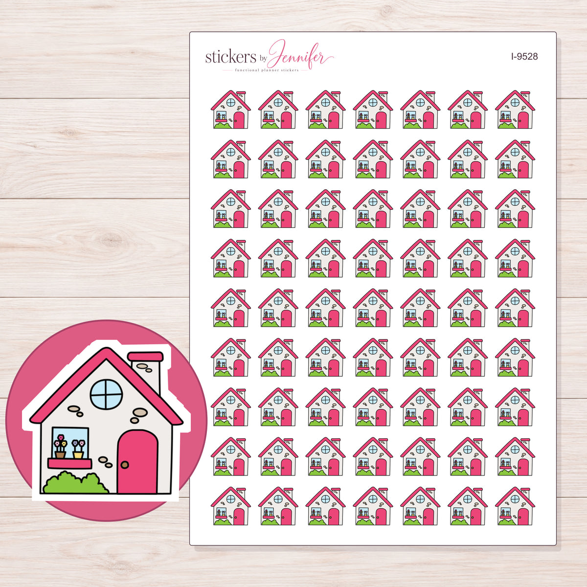 Pink Roof House Planner Stickers | I-9528 — 5 × 7 inch sheet and enlarged sticker detail