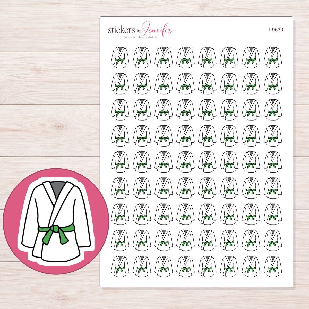 White Martial Arts Uniform Planner Stickers | I-9530 — 5 × 7 inch sheet and enlarged sticker detail