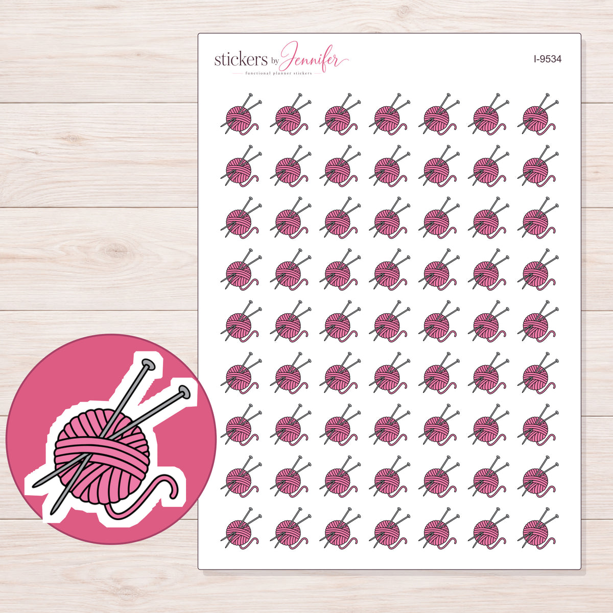 Pink Yarn Ball and Needles Planner Stickers | I-9534 — 5 × 7 inch sheet and enlarged sticker detail